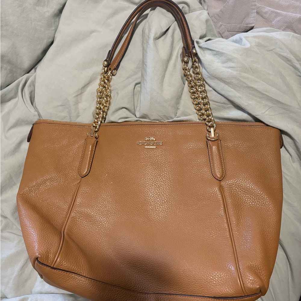 Coach Brown Leather Ava Tote with Gold Chain